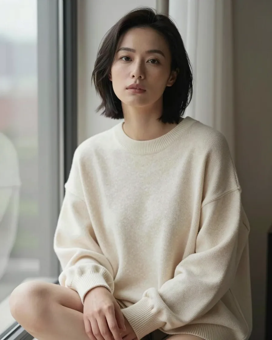 Editorial portrait of a woman with short black hair in a cream sweater beside a tall window.