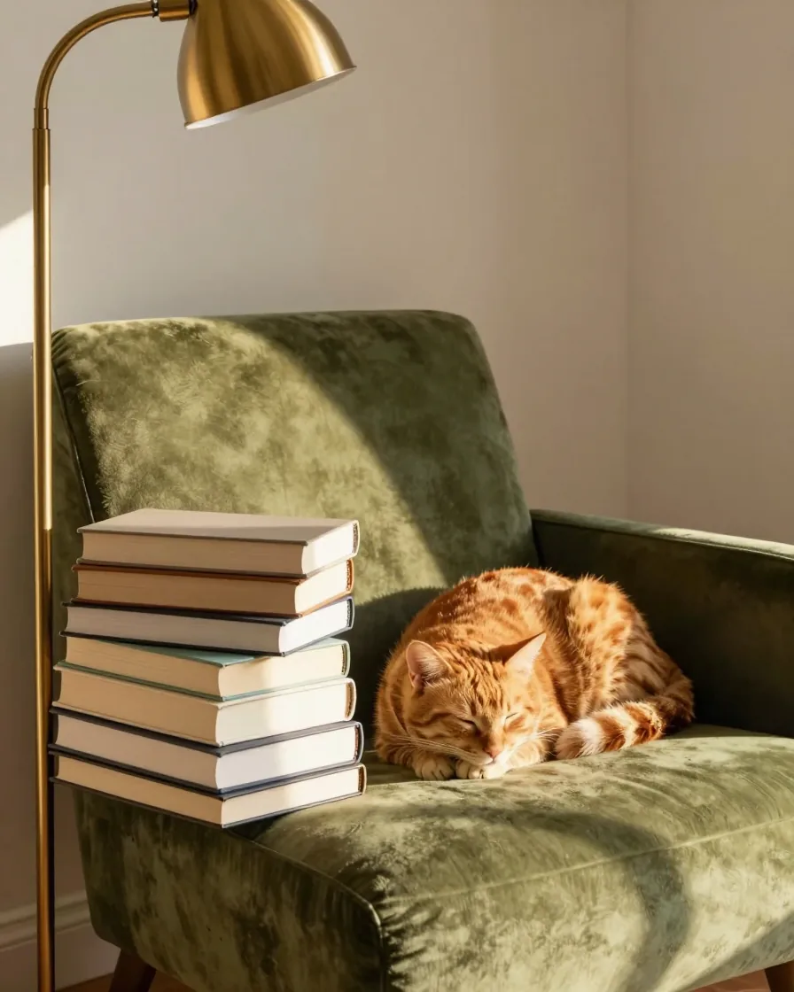 Sunlit reading nook with a green velvet armchair, brass floor lamp, stacked books and a sleeping orange cat.